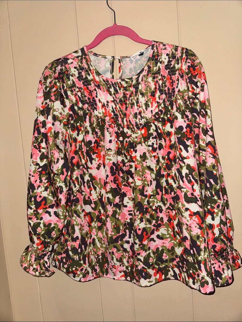 Smocked Yoke Long-Sleeve Blouse in Pink Multi-Print
